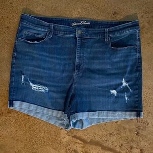 UNIVERSAL Thread plus high rise midi distressed dark wash jean shorts